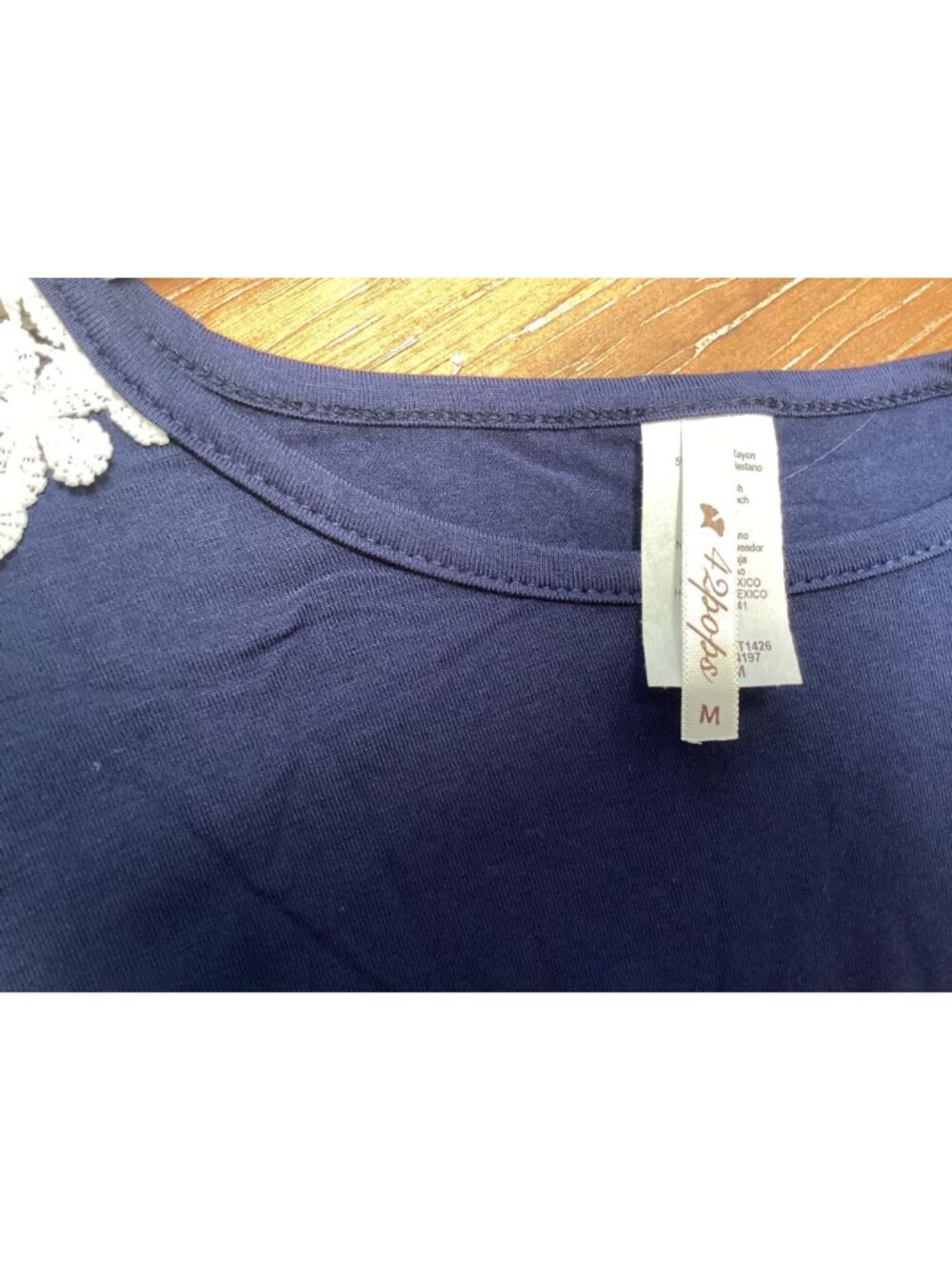 42 Pops Crochet Navy Blue Short Sleeve Shirt With Lace Floral Shoulder - Picture 2 of 4